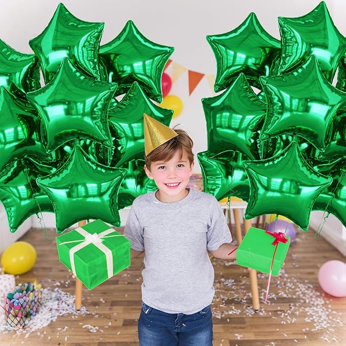 Green Star Balloons Foil, 10PCS Green Foil Stars Shape Balloons, 18 Inch Metallic Stars Balloon for Helium Pentagram Balloon for Birthday, Anniversary, Jungle Theme, Christmas Party Decoration