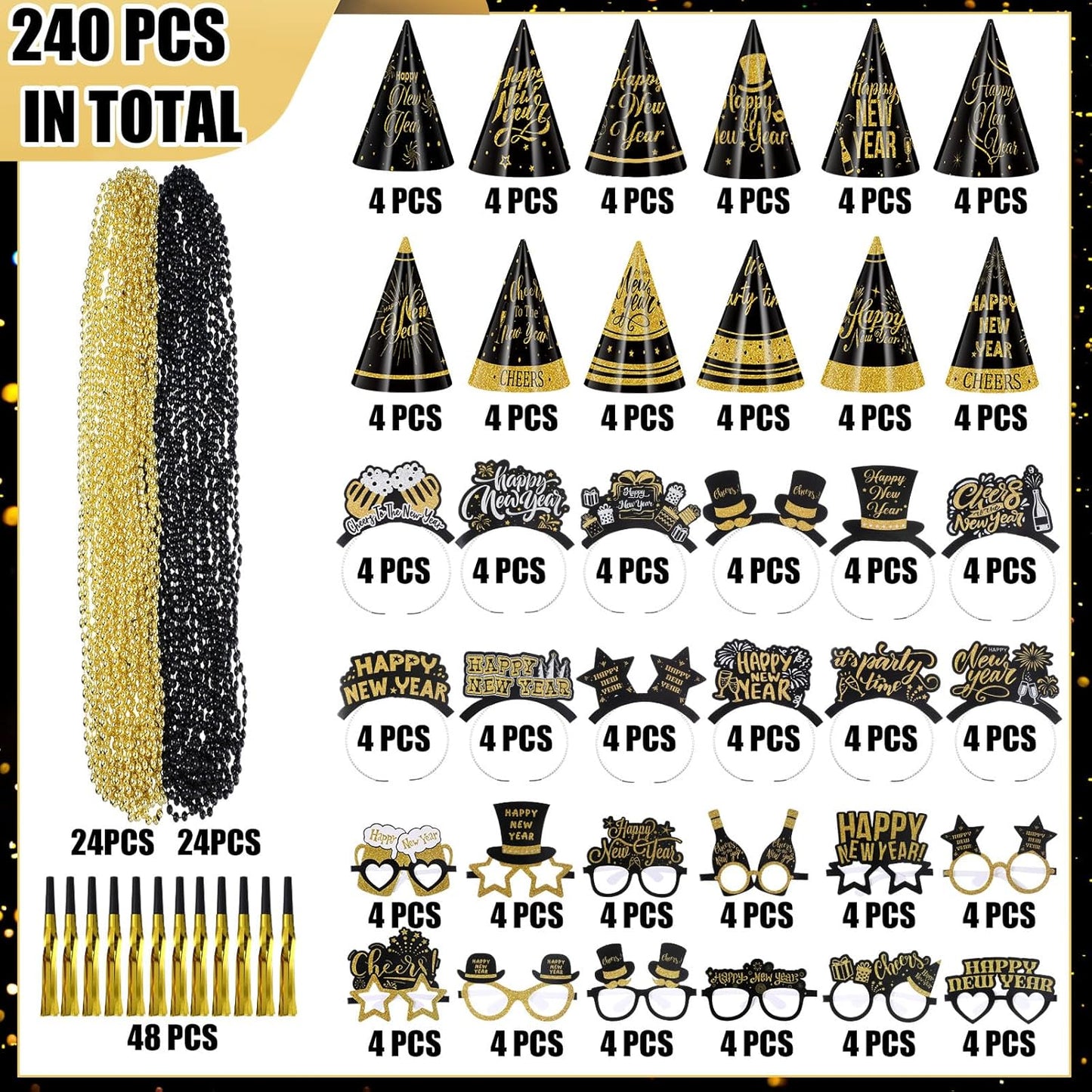 240 Pcs 2026 New Years Eve Party Favor Supplies for 48 Pcs Guest Happy New Year Glasses Paper Headband Cone Hat Fringed Noisemaker Black Gold Bead Necklace for Newyear Christmas Party Decor