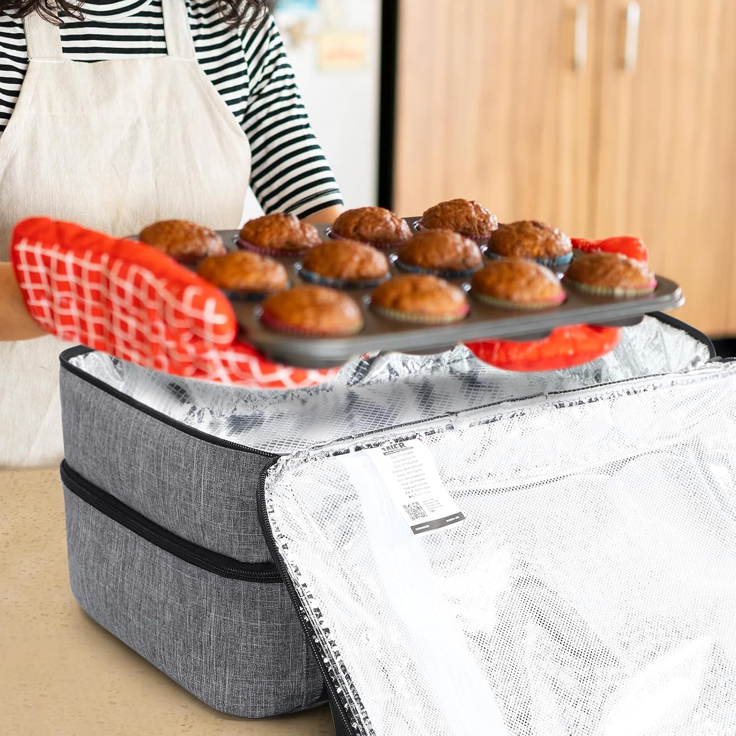 MIER Insulated Casserole Carrier Fits 9"x13" Baking Dishes/Foil Pans, Double Food Carriers Bag Thermal Holder for Hot or Cold Food Lasagna Lugger Potluck Parties Picnic Travel, Gray