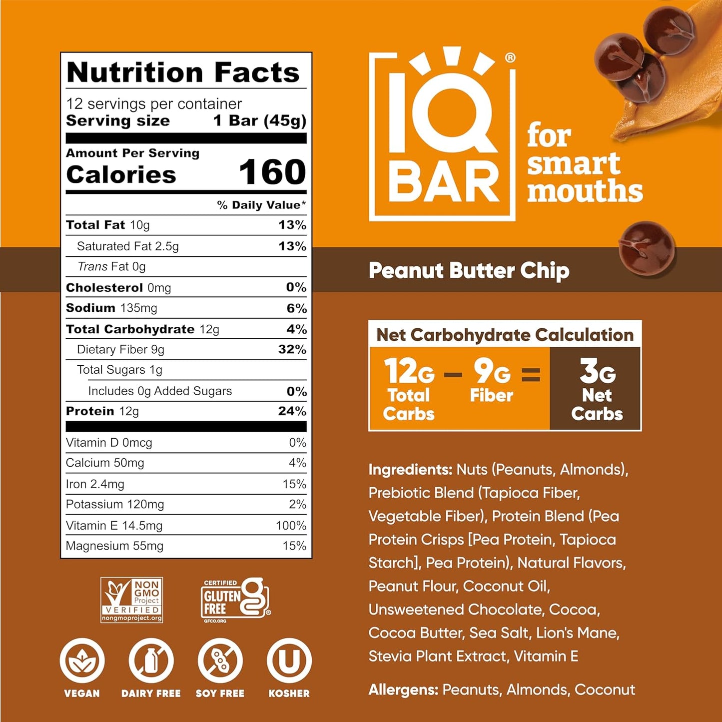 IQBAR Brain and Body Plant Protein Bars - Peanut Butter Chip - 36-Count - Keto, Vegan, Low Carb, High Fiber, Gluten Free, Dairy Free, Low Sugar Snack with Nutrients for Focus, Energy, Meal Replacement