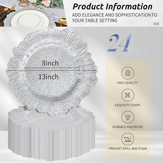 Pesonlook 24Pcs Silver Charger Plates Round 13inch, Reef Plate Chargers for Dinner, Bulk Plastic Floral Table Charger Plates for Dinner Wedding Party Event Table Setting Decoration(Silver)