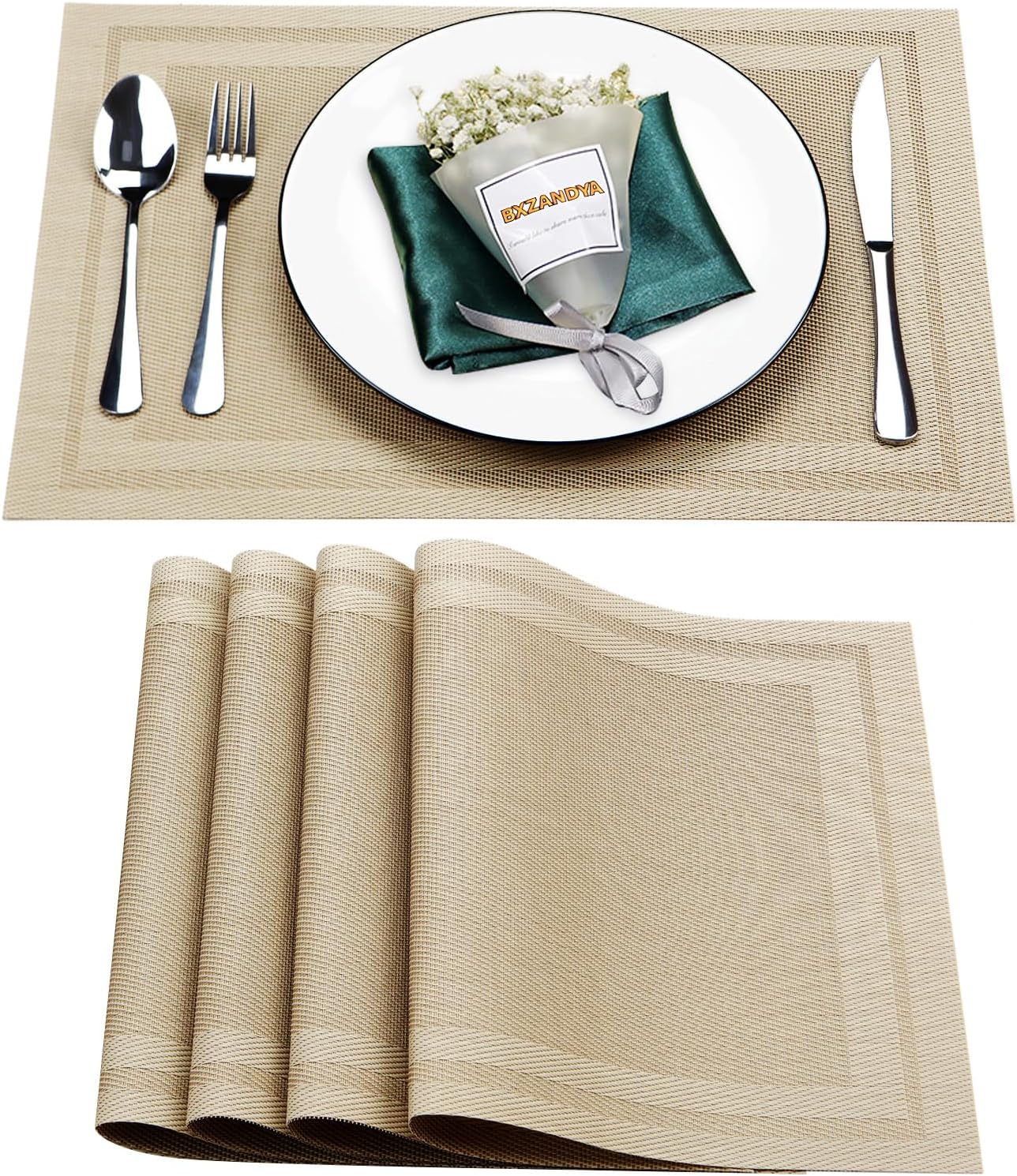 Placemats Set of 4,Washable,Heat and Stain Resistant Indoor/Outdoor Place mats,Vinyl Woven Non Slip Table Mats for Restaurant Table Protection,PVC Placemats(Beige,4PCS)