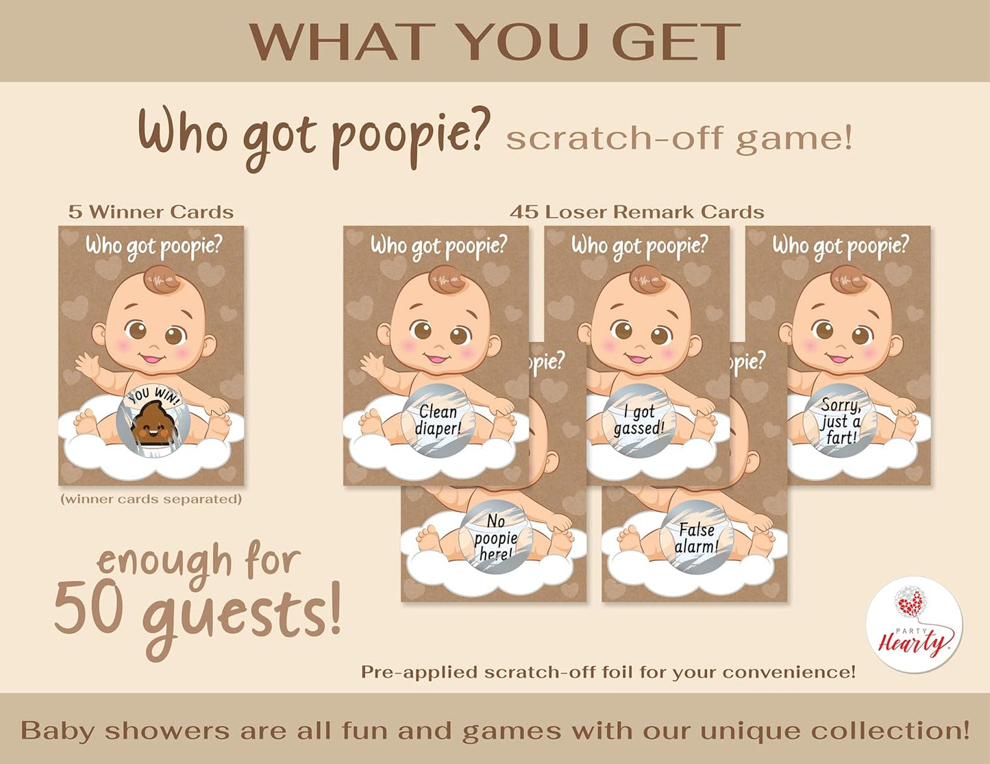 Party Hearty Delightful Baby Shower Fun - 50 Hilarious Poopie Scratch-Offs - Ideal for All Genders