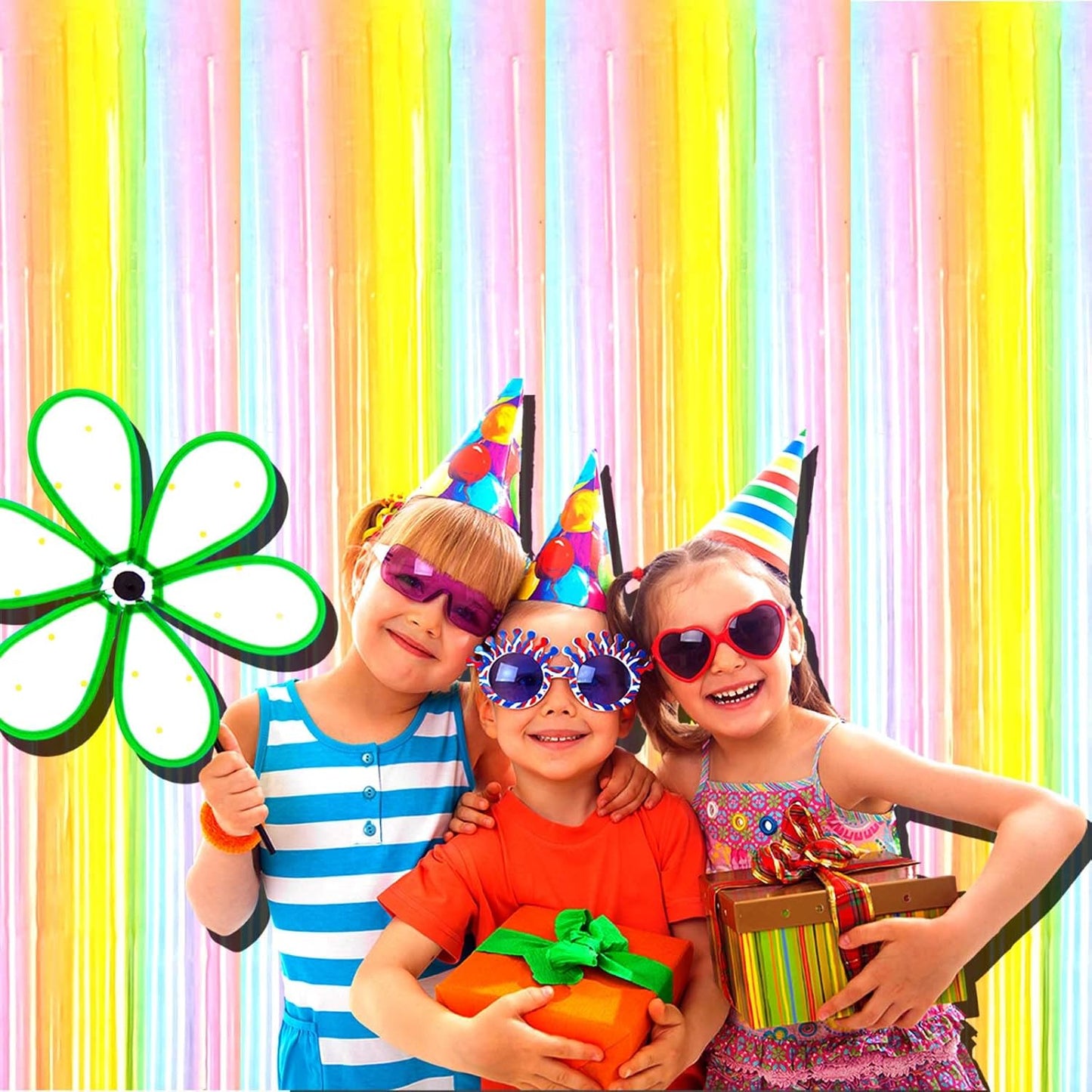 4 Pack Macaron Rainbow Foil Fringe Curtain Backdrop, 3.28Ftx8.2Ft Colorful Foil Fringe Streamers Curtains for Party, Photo Booth Props, Birthday, 2022 Graduation Decoration Supplies