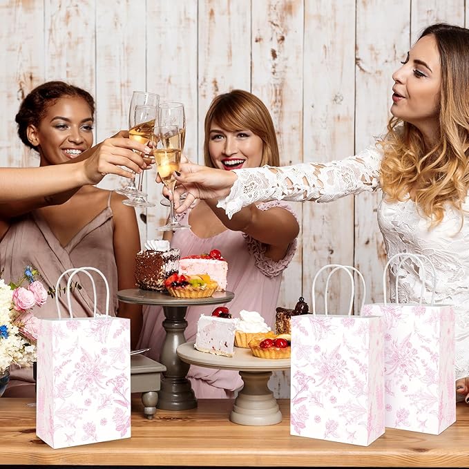 Gueevin 24 Pcs Pink Floral Gift Bags Bulk Flower Party Small Paper Bags with Handles Decorative Packaging Goodie Candy Treat Pouches for Wedding Birthday Tea Party, 5.9 x 8.3 x 3.1 Inch
