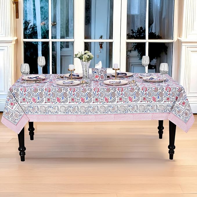 Ridhi Hand Block Print Pigeon Blue Flamingo Pink Rectangle Cotton Tablecloth 190" x 72" Reusable Table Cover Decorative Everyday Use for Dining, Farmhouse, Home Gift for Spring, Easter, Valentine
