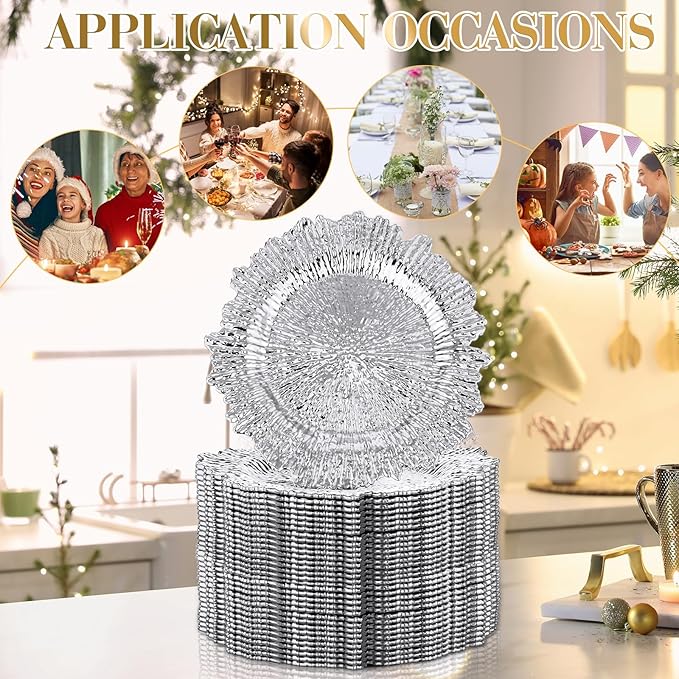 32 Pack Charger Plates Set Reef Chargers for Dinner Table Serving Tray Floral Plastic Decorative Plates for Table Setting Wedding Party, 13 Inch(Silver)