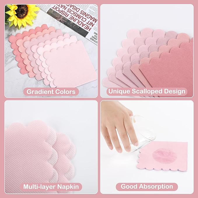 durony 150 Pack Scalloped Napkins 5 x 5 Inch Disposable Paper Napkins Gradient Color Napkins with Scalloped Edges for Dinner Wedding Birthday Party Supplies, Dusty Pink