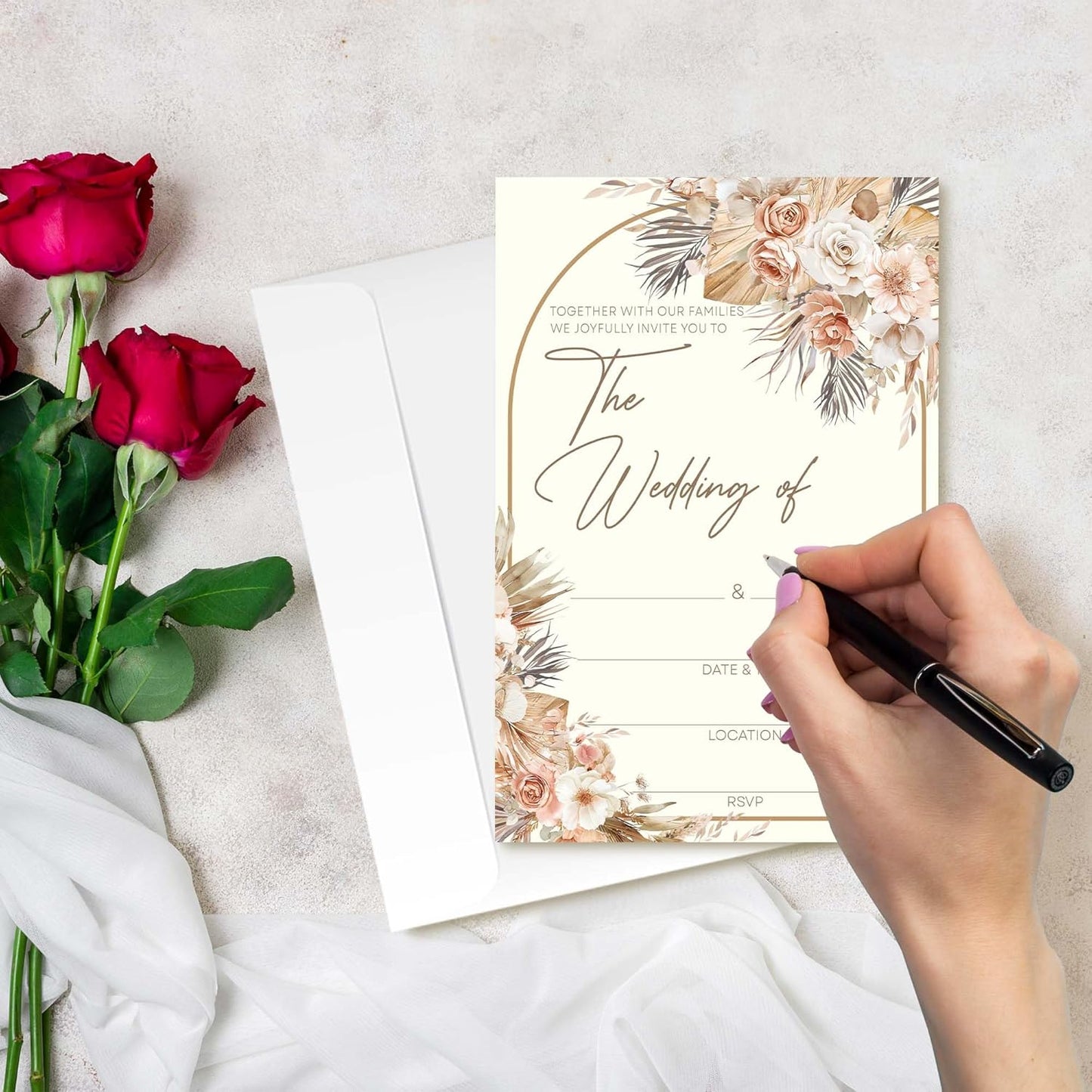 Wedding Invitations With Envelopes And RSVP Cards - Blank Boho Chic Terracotta Floral Wedding Card With Gold Arched Frame - Invitaciones Para Boda Personalizadas Set of 20(4 x 6 Inch)(009)