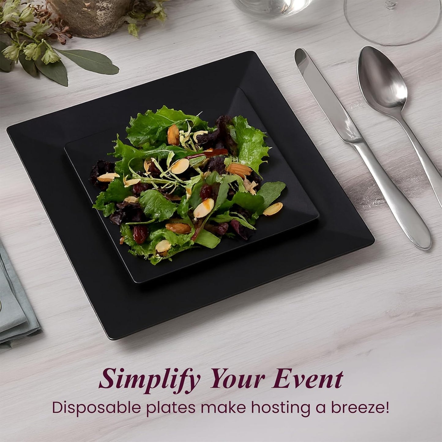 Aya's Square Plastic Plates - 6.5"/9.5" Black Disposable Plates for Party - Heavy-Duty Reusable Food Grade Plastic - 60 Count - Thick and Durable to Prevent Breaking - Ideal for Events and Gatherings