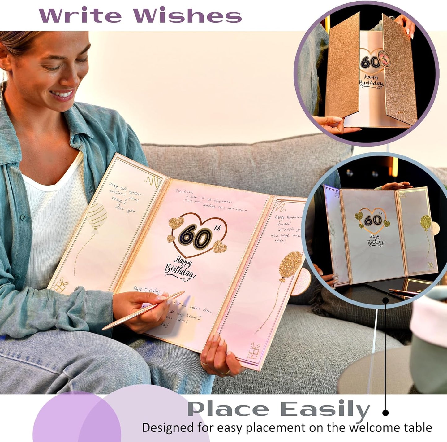 Rose Gold 60th Birthday Party Decorations for Women 12"x18" Guest Book - 60 Years Guest Book Sign in Poster Card - Sixtey Party Keepsake, Gift, Signature Board - Pen Not Included