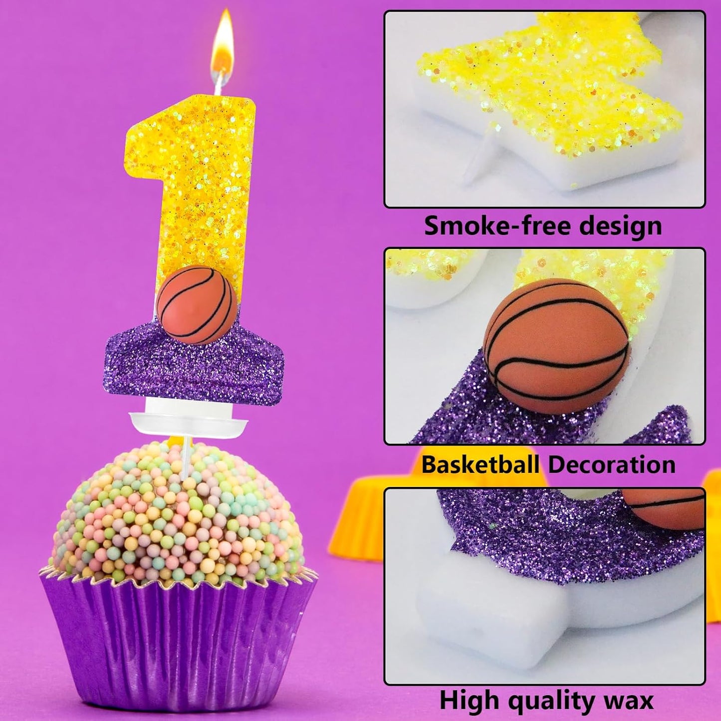 HXOUSE Basketball Number 1 Birthday Candles - Purple Gold Birthday Candles for Cake, 1 Candle for Basketball Theme Cake Topper, Boys Sport Party Decorations Gifts (No.1)