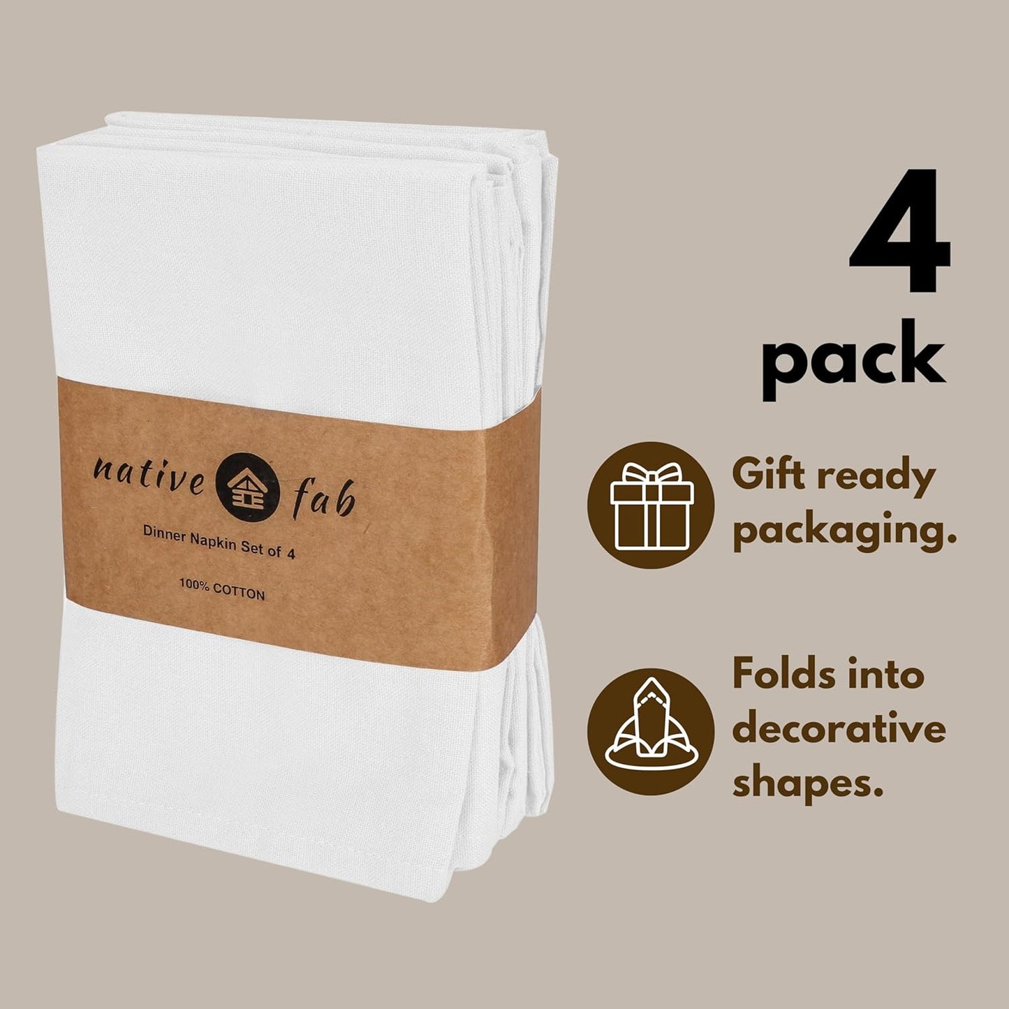 Native Fab Solid Cloth Napkin Set of 4, 100% Cotton, Washable, Reusable Dinner Cloth Napkin 17x17 inches, Table Decor Napkins for Dinner, Events, White