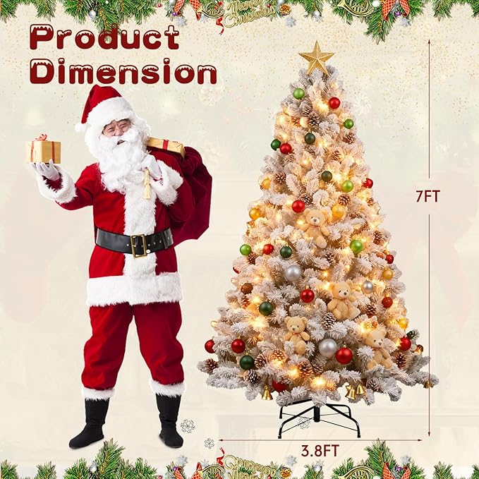 7Ft Warm Christmas Tree,Snow Flocked Artificial Hinged Holiday Christmas Pine Tree,Xmas Tree with 1400 Snow Flocked Branch Tips for Home,Office,Party Decoration