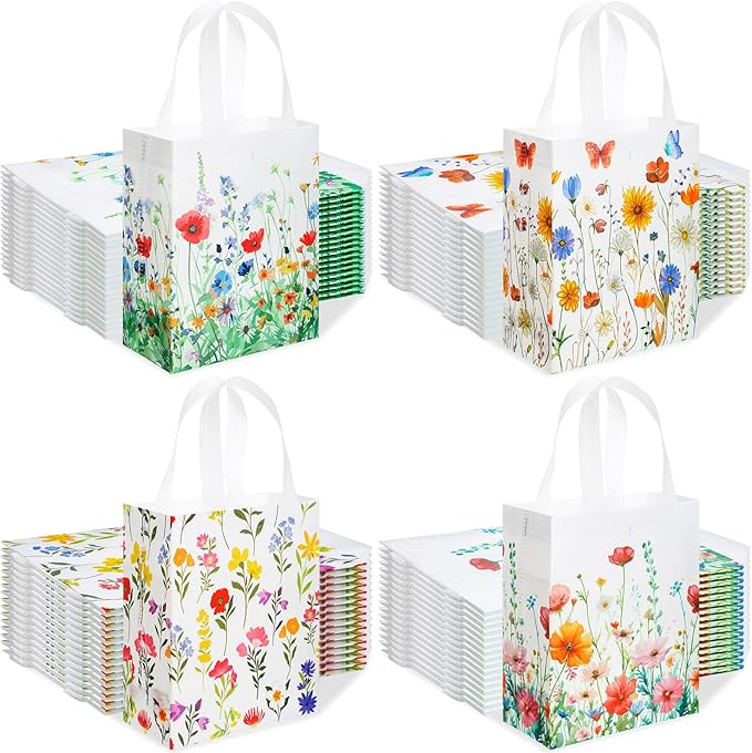 48 Pcs Floral Gift Bags Wildflower Party Favor Reusable Non Woven Treat Tote Welcome Flower Goodie Gift Bags with Handle for Wedding Guest Birthday Bridal Baby Shower Decor Party Supplies