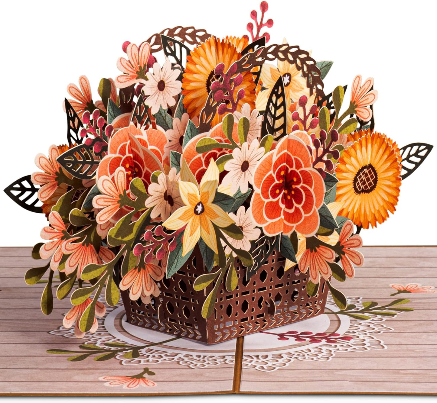Paper Love 3D Rustic Flower Basket Pop Up Card, For Fall, Birthday, Thanksgiving, Thinking of You, Sympathy, Get Well, All Occasion or Just Because - 5" x 7" Cover - Includes Envelope and Removable Note Tag
