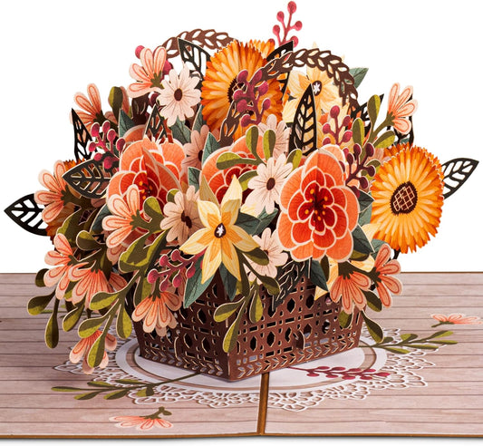 Paper Love 3D Rustic Flower Basket Pop Up Card, For Fall, Birthday, Thanksgiving, Thinking of You, Sympathy, Get Well, All Occasion or Just Because - 5" x 7" Cover - Includes Envelope and Removable Note Tag