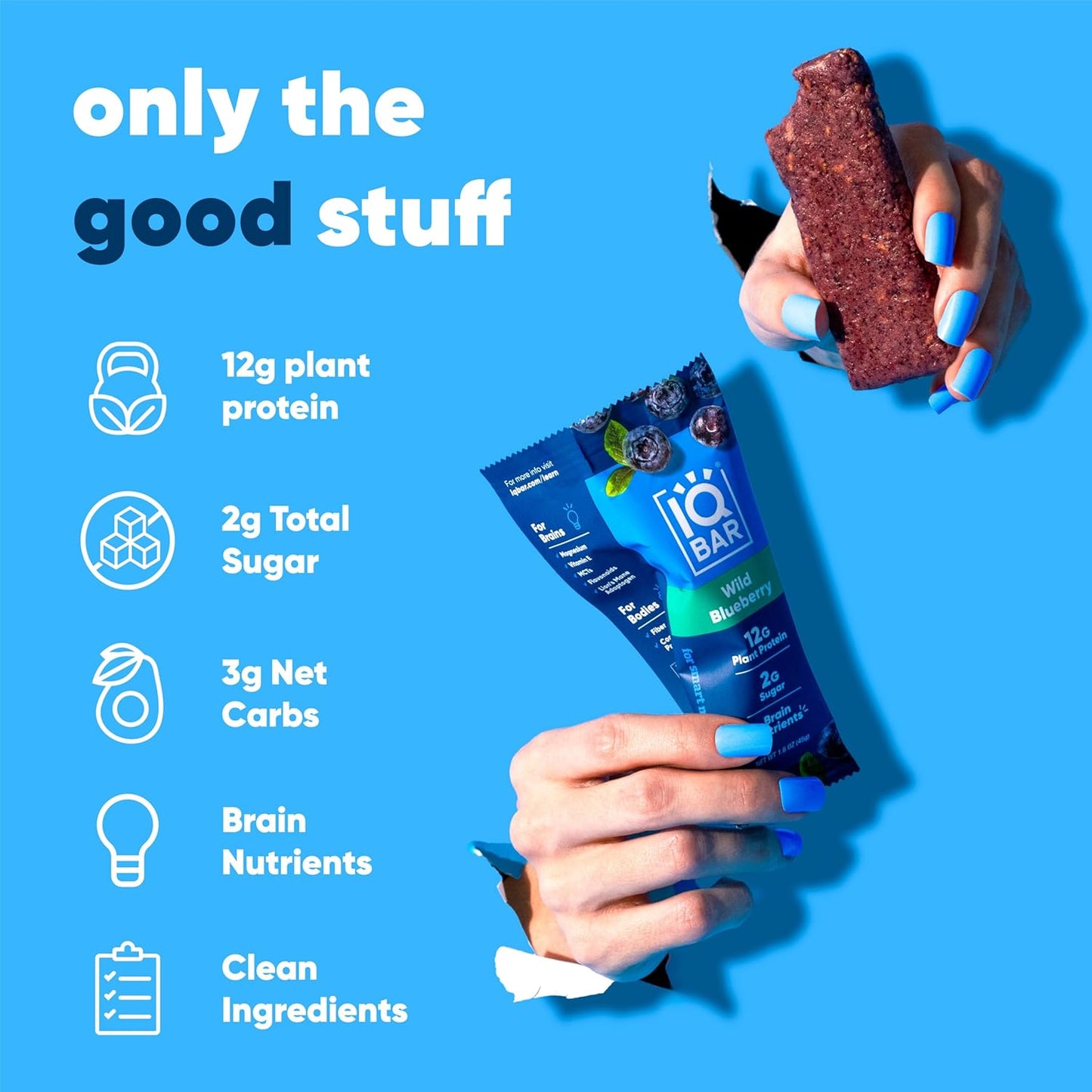 IQBAR Brain and Body Plant Protein Bars - Wild Blueberry - 12-Count - Keto, Vegan, Low Carb, High Fiber, Gluten Free, Dairy Free, Low Sugar Snack with Nutrients for Focus, Energy, Meal Replacement
