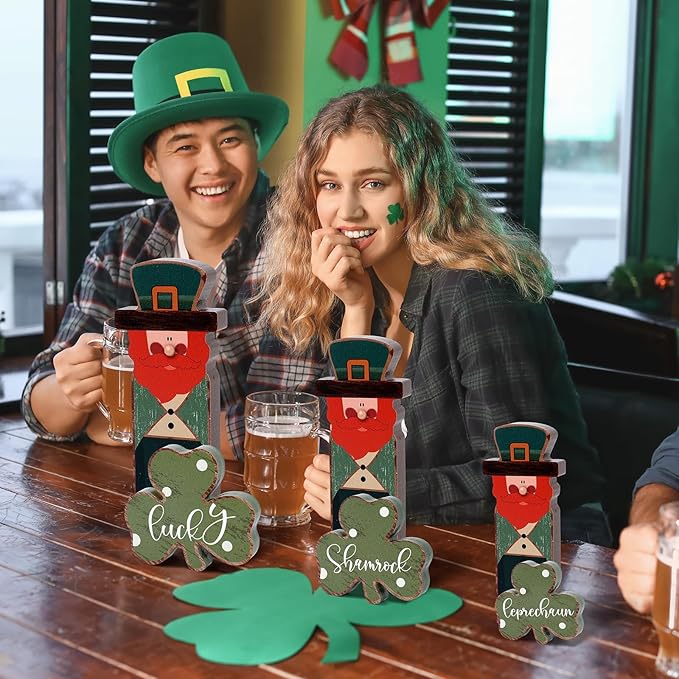 6 Pcs Wooden St Patricks Day Tiered Tray Decorations Sign Wood Irish Table Centerpieces Block Leprechaun Clover Figurines Shamrock Lucky Tabletop Ornaments for Rustic Farmhouse Office Home Shelf