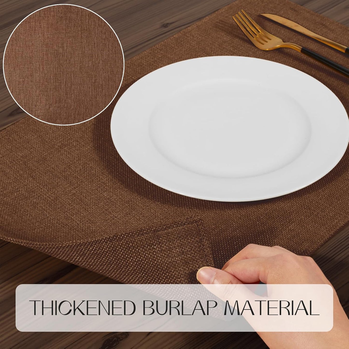 Romanstile Cloth Placemats Set of 8-12 x 18 Inch, Heat Resistant Double Layered Thickened Burlap Place Mats, Washable Linen Farmhouse Table Mats for Kitchen/Dining/Party/Outdoor, Dark Brown