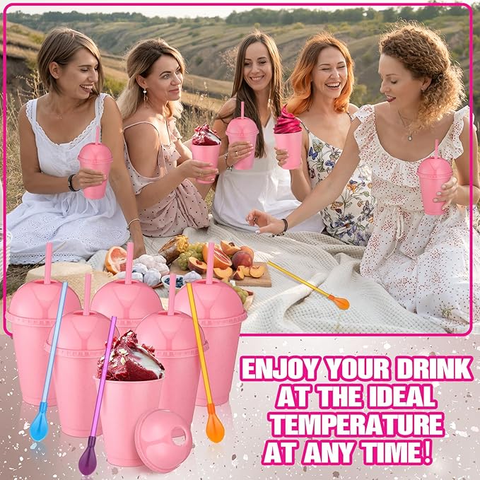 6 Set Slushie Cups with Dome Lids and Straws Detachable Spoon Straws Reusable Plastic Iced Coffee Cups Smoothie Tumbler for Birthdays Summer Party Supplies(Pastel Pink,16 oz)