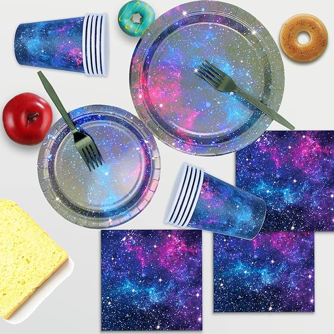 Space Galaxy Party Supplies Tableware Set Outer Space Theme Birthday Party Decoration Starry Night Solar System Planet Plates Napkins Forks Cups for 24 Guests