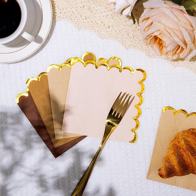 100 Pcs Brown Scalloped Napkins with Gold Foil Gradient Color Cocktail Napkin Folded 5 x 5 Beverage Napkins Disposable Paper Napkins for Birthday Party Supplies