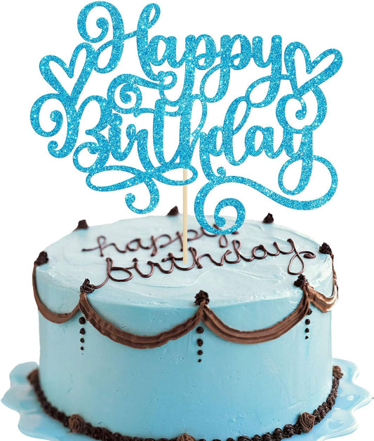 Gyufise 1Pcs Happy Birthday Cake Topper Glitter Cake Pick for Celebrating Anniversary Party Cake Decorations Lake Blue