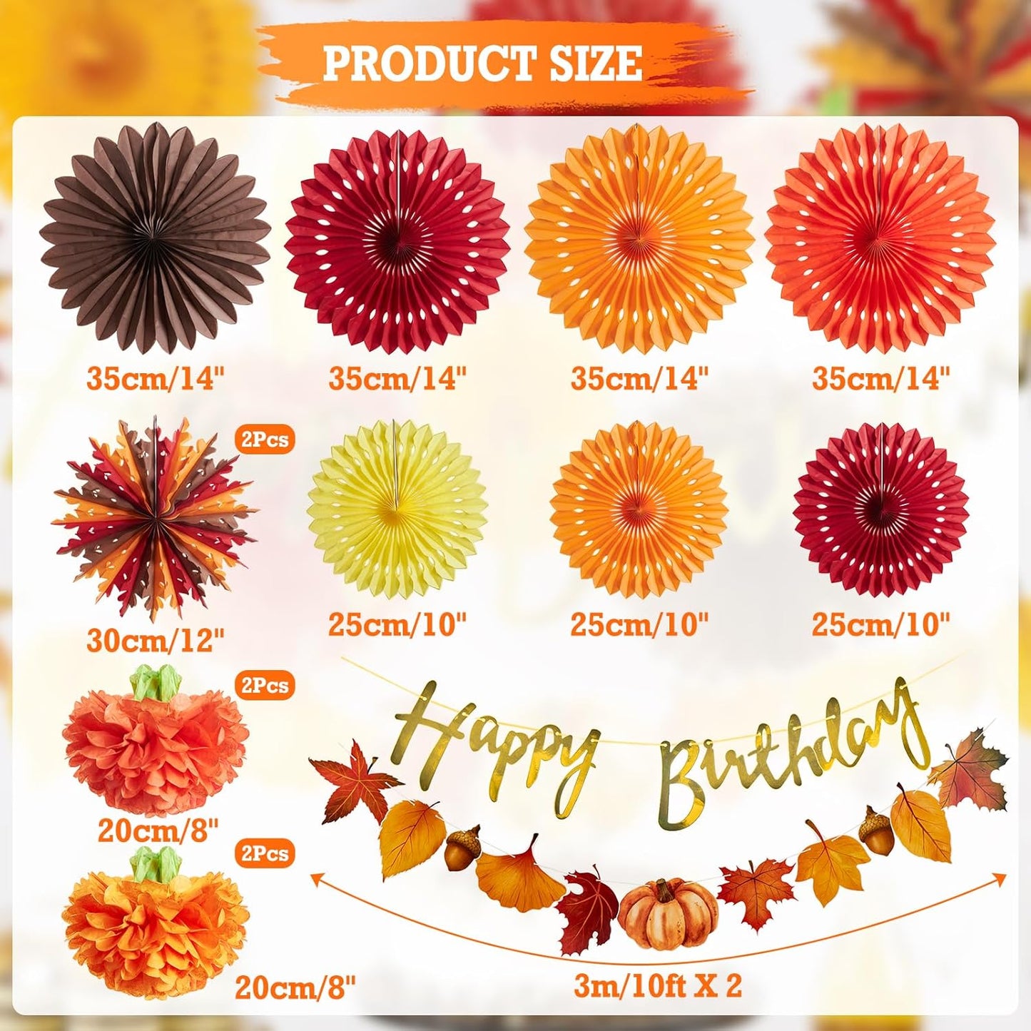 SUNBEAUTY Fall Party Decorations Orange Birthday Decorations Hanging Paper Fan Pumpkins Paper Pom poms Maple Leaves Happy Birthday Banner for Thanksgiving Autumn Harvest Classroom Office Party