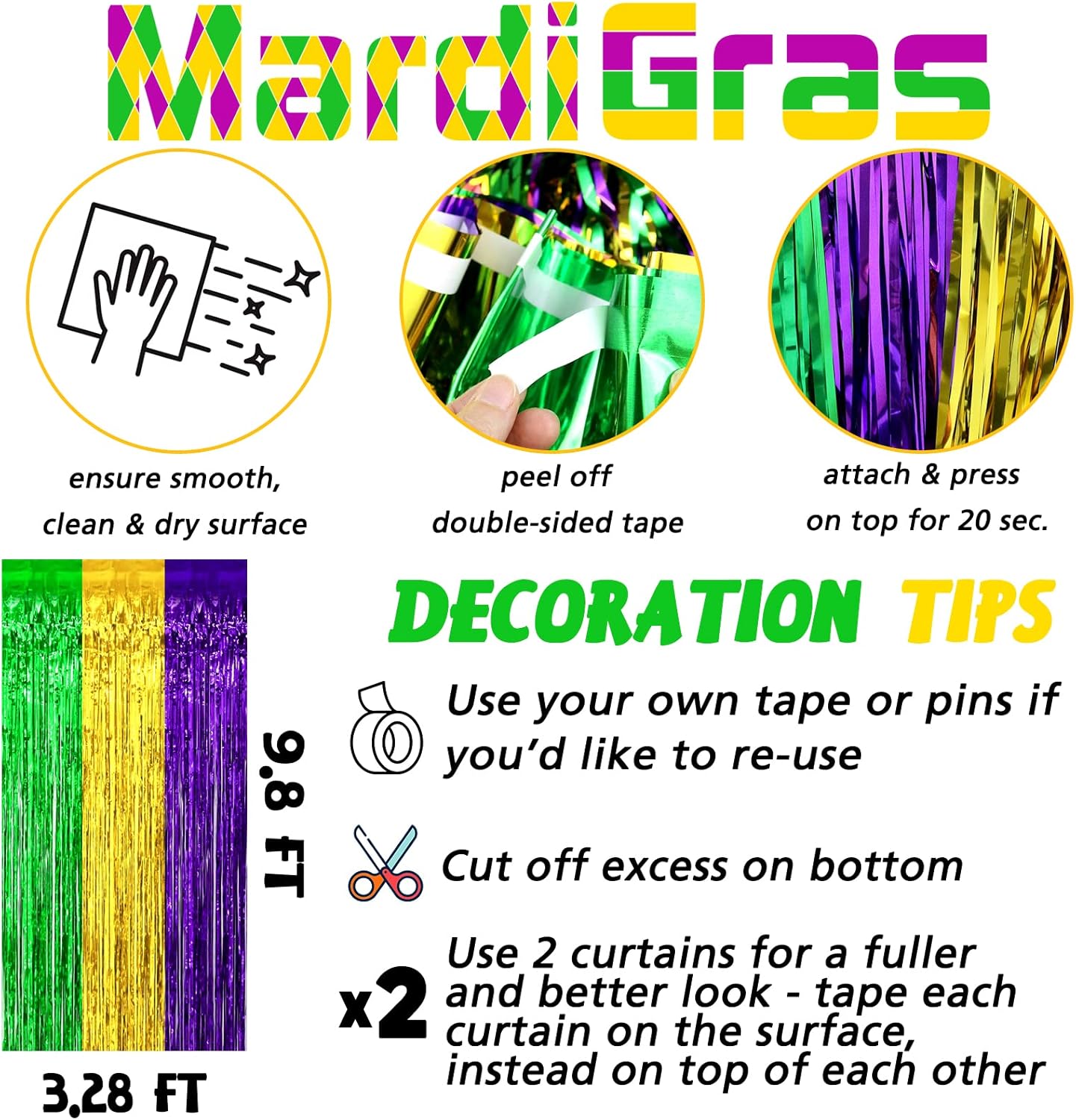 4 Pack 3.2Ft x 9.8Ft Mardi Gras Fringe Curtain Backdrop, Gold Green Purple Metallic Tinsel Foil Fringe Streamers Curtains Background for Photo Booth Birthday Wedding Carnival Party Decorations