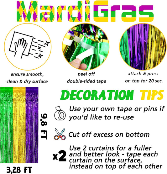 4 Pack 3.2Ft x 9.8Ft Mardi Gras Fringe Curtain Backdrop, Gold Green Purple Metallic Tinsel Foil Fringe Streamers Curtains Background for Photo Booth Birthday Wedding Carnival Party Decorations