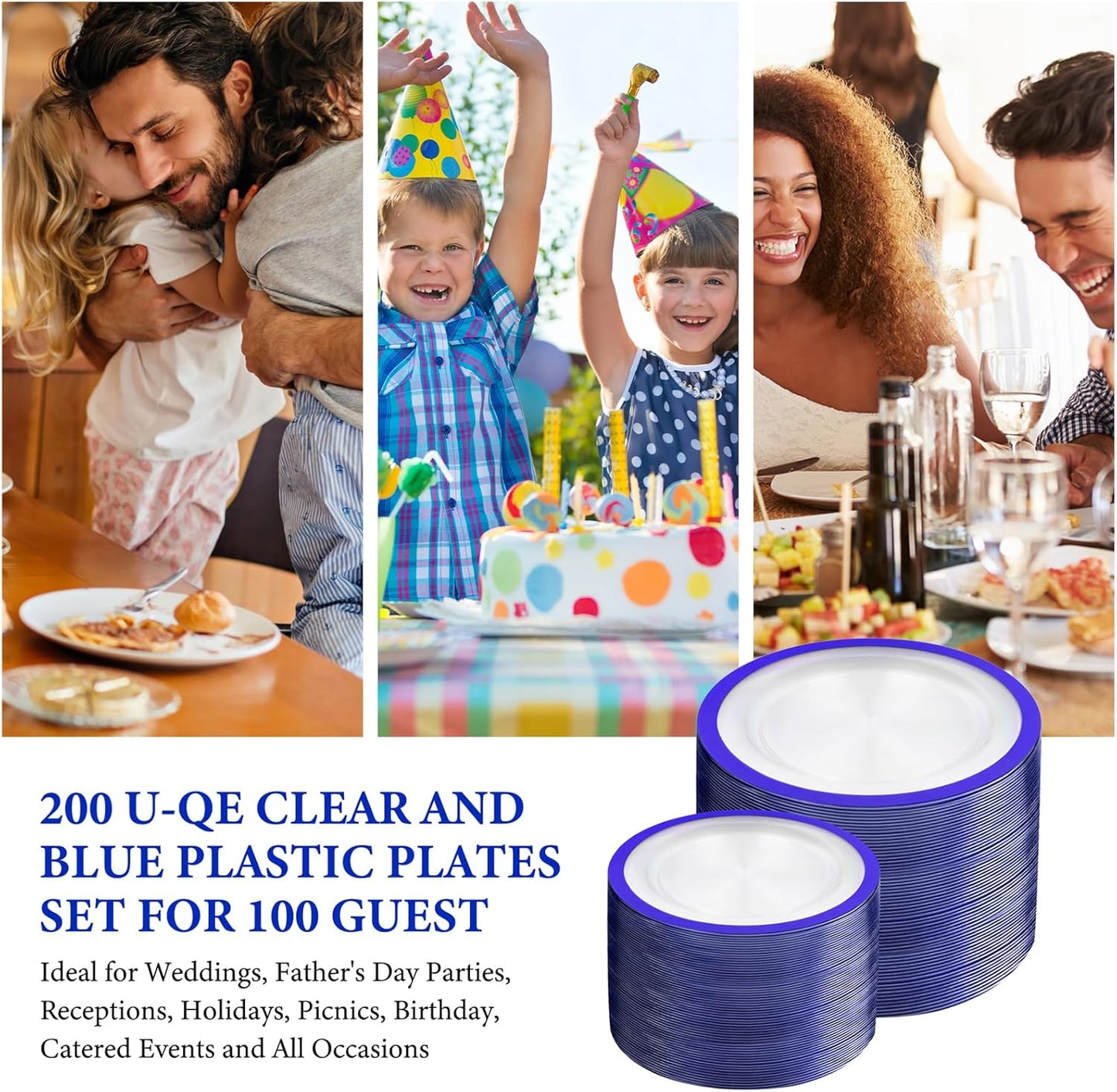 U-QE 200pcs Royal Blue Plastic Plates - Clear Disposable Plates Heavy Duty - Includes 100 10" Dinner & 100 7" Dessert Plates for Party, Birthday