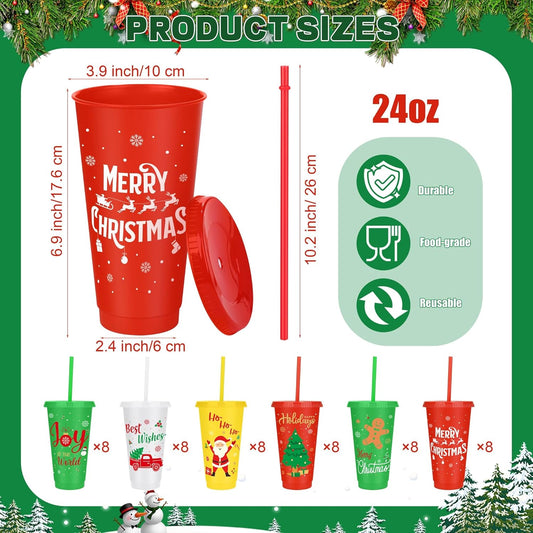 48 Pieces Christmas Plastic Cups 24oz Reusable Plastic Tumbler with Lids and Straws Bulk Christmas Holiday Drinking Cups for Xmas Party Supplies, 6 Designs