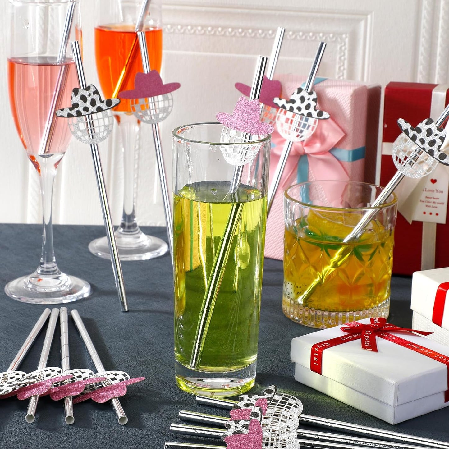 Tanlade 50 Pcs Mini Disco Ball Straws 70s Disco Straws Mirror Glitter Cowgirl Hat Party Decorations for Dance Holiday Wedding Birthday Supplies(Pink, Black)