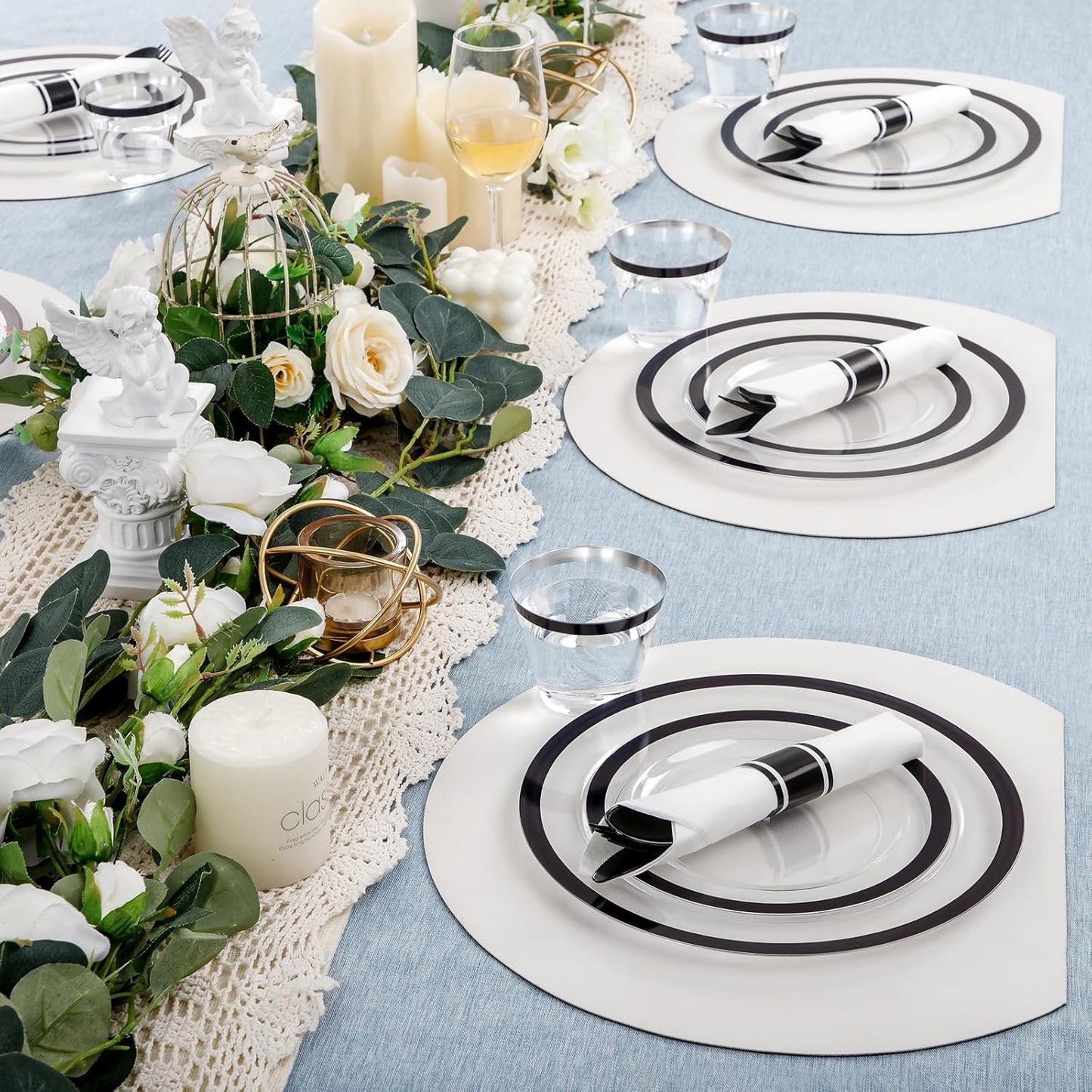 I00000 210 Pcs Clear and Black Plastic Plates, Halloween Disposable Dinnerware Set, Include 30 Dinner 30 Dessert Plates,30 Plastic Cups 9 OZ,30 Pre Rolled Napkins with Cutlery for Halloween Party