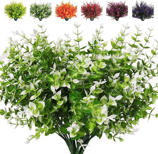 White Artificial Eucalyptus Flowers – 8 Bundles UV Resistant Faux Outdoor Plants for Party & Home Decor