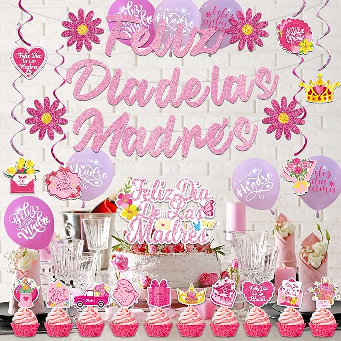 Feliz Día de las Madres Decorations Kit - Feliz Día de las Madres Banner,6 Hanging Swirl Banners, 15 Printed Latex Balloons and Cake Topper for Mexican Mother's Day Party