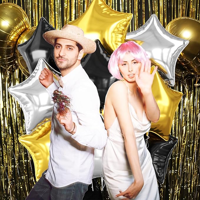 Black Gold Silver Star Foil Balloons, 10PCS Foil Stars Shape Balloons, 18 Inch Metallic Black and Gold Stars Balloon for Helium Pentagram Balloon for Birthday, New Years, Graduation Party Decorations