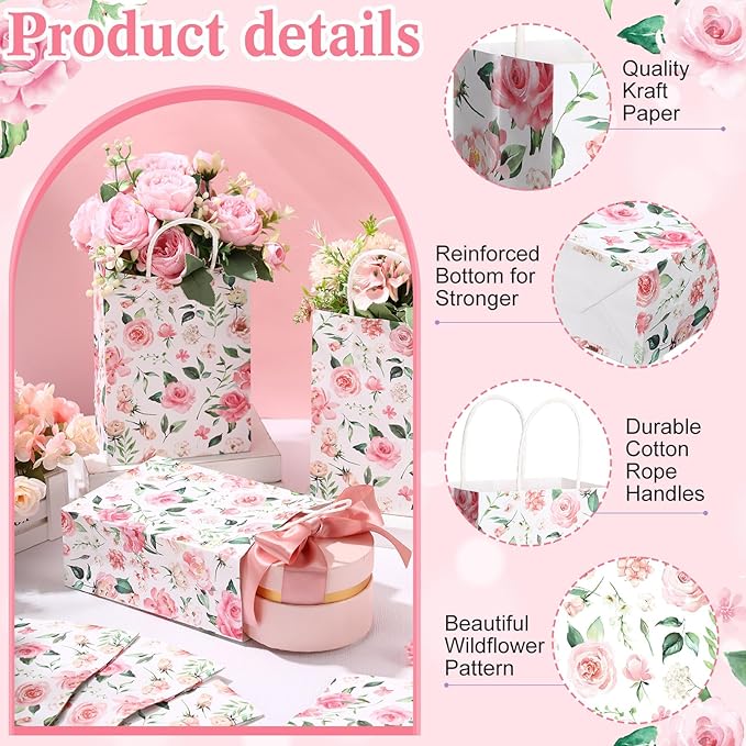 Marspark 24 Pcs Pink Wedding Flowers Paper Gift Bags for Bridal Baby Shower Engagement Birthday Party Supplies Roses Treat Bag with Handles Candy Goodie Bags for Guests, 8.3'' x 5.9'' x 3.1''(Rose)