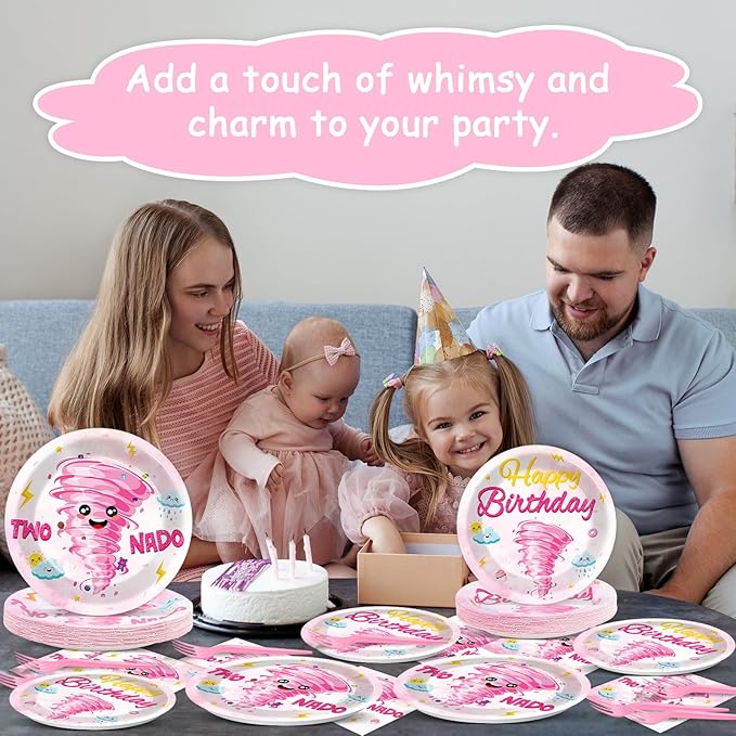 96Pcs Two Nado Party Supplies Pink Two Nad Disposable Paper Plates Napkins 2nd Birthday Decorations Girls 2 Year Old Birthday Dinnerware Party Favor Baby Tableware Serves 24