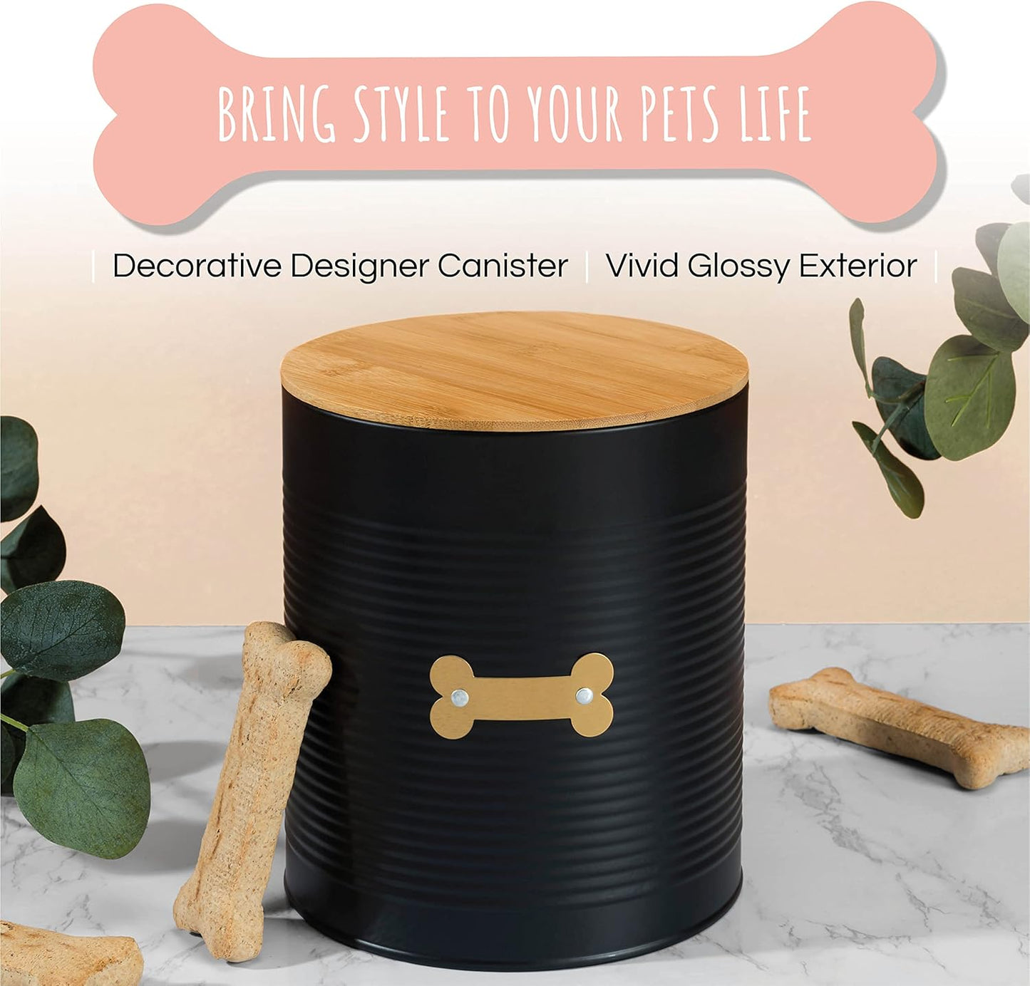 Park Life Designs - Metal Pet Treat Jar with Airtight Lid for Dogs, Cats, Puppies and More, Chic Kitchen Countertop Container for Cookies, Biscuits and Treats (Hector, Black, 2.25 Qt)