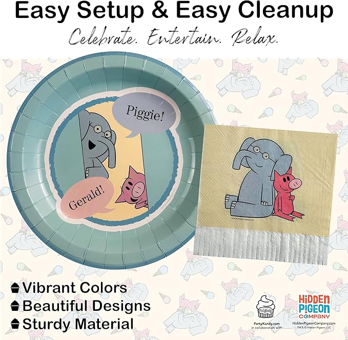 Elephant and Piggie Party Supplies for Birthday Party Decor with 12 Plates 12 Napkins and 1 Tablecloth for 9 Foot Table with Mo Willems Gerald and Piggie Book Characters (Tableware)