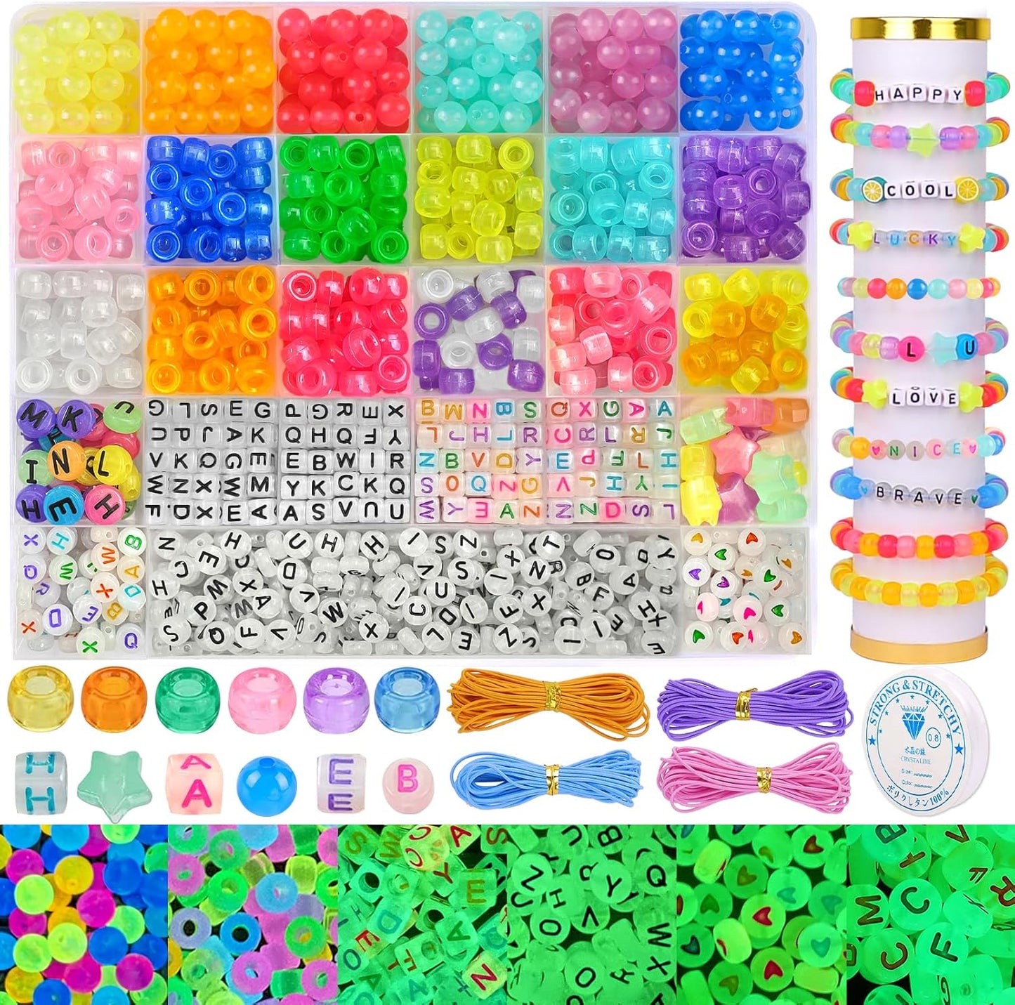 DULEFUN Glow Beads Bracelet Making Kit, Glow in The Dark Pony Beads Letter Beads Heart Beads for Bracelets Making Luminous Plastic Glow Beads DIY Craft for Girls Kids Adults