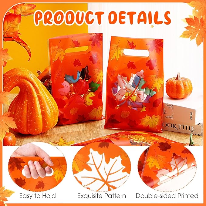 Supervitae 100 Pcs Thanksgiving Party Gift Bags Fall Maple Leaves Favor Bags Bulk with Handles for Snacks Goodie Candy Treat Thanksgiving Party Supplies