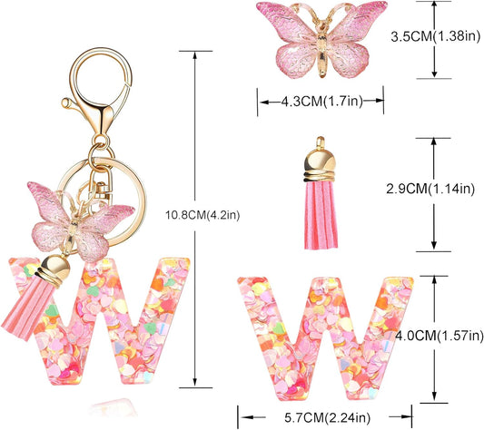 Fashion Alphabet Initial Letter Keychain Tassel Butterfly Pendant Key Ring for Purse Handbags Women Girl