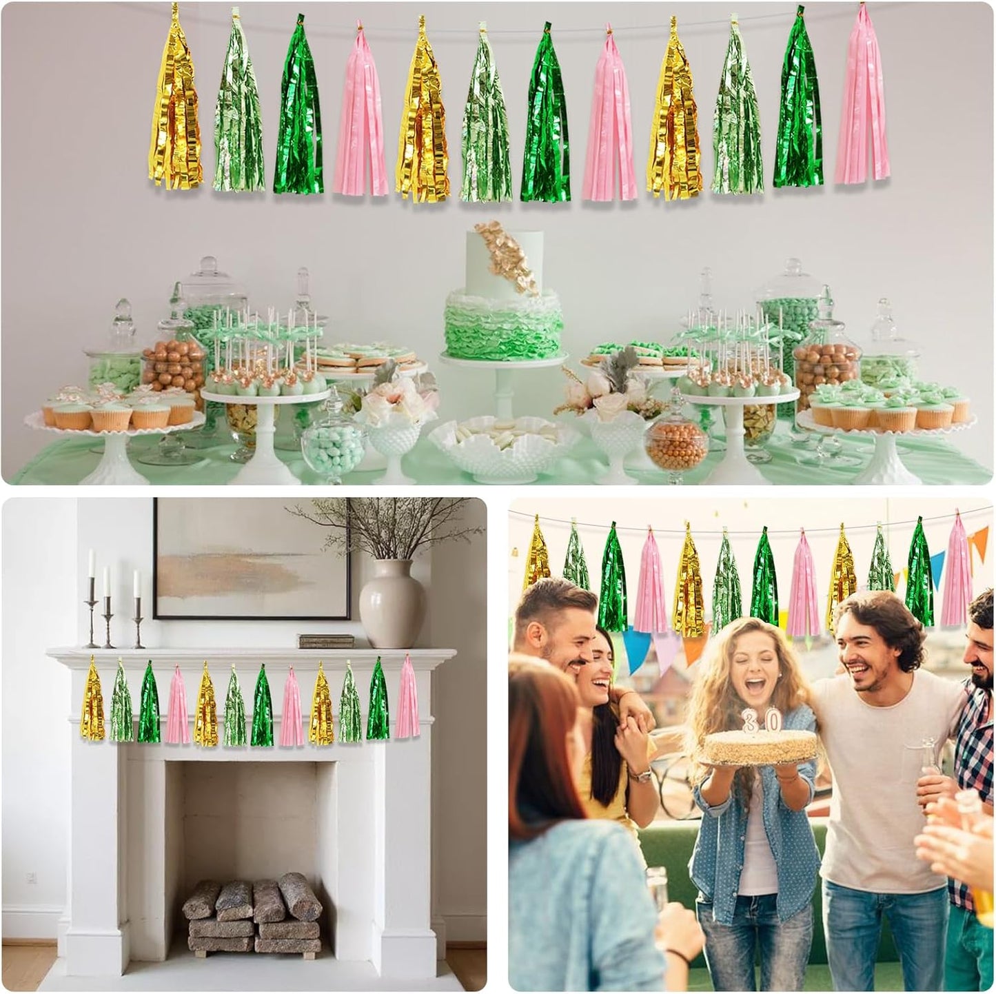 BEISHIDA 3 Packs Green Gold Pink Metallic Foil Fringe Tassel Garland, Tassels Banner Streamers for Car Floats Bridal/Baby Shower Birthday Wedding Halloween Christmas Holiday Party Decoration