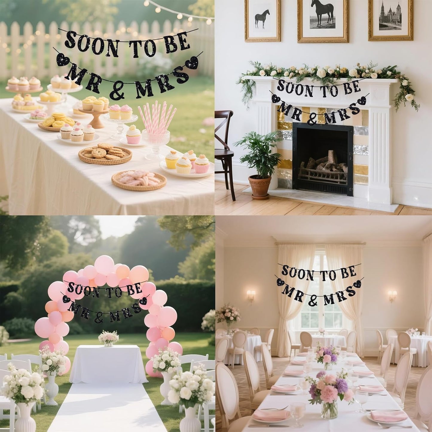 Soon To Be Mr & Mrs Sign, Bridal Shower Banner, Pre-Strung Black Glitter Wedding Shower Decorations, Couples Shower Decorations for Mantle Hanging Sign Engagement Banner