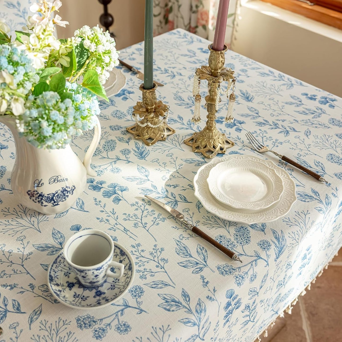 ENJOYBRIDAL Blue Floral Tablecloth - 60 x 102 Inch - Camping Rectangular Table Cloth Flower Dining Room Polyester Picnic Table Cover 8-10 Seats Farmhouse Washable Vintage Cute Furniture Protector
