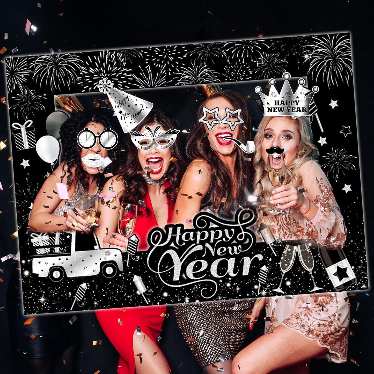 HOWAF 30pcs Happy New Year Photo Booth Props with Photo Frame, 2026 Black Silver New Year Decoration Photo Props,New Years Props for NYE Party, 2026 NYE Cheers to The New Year Selfie Props