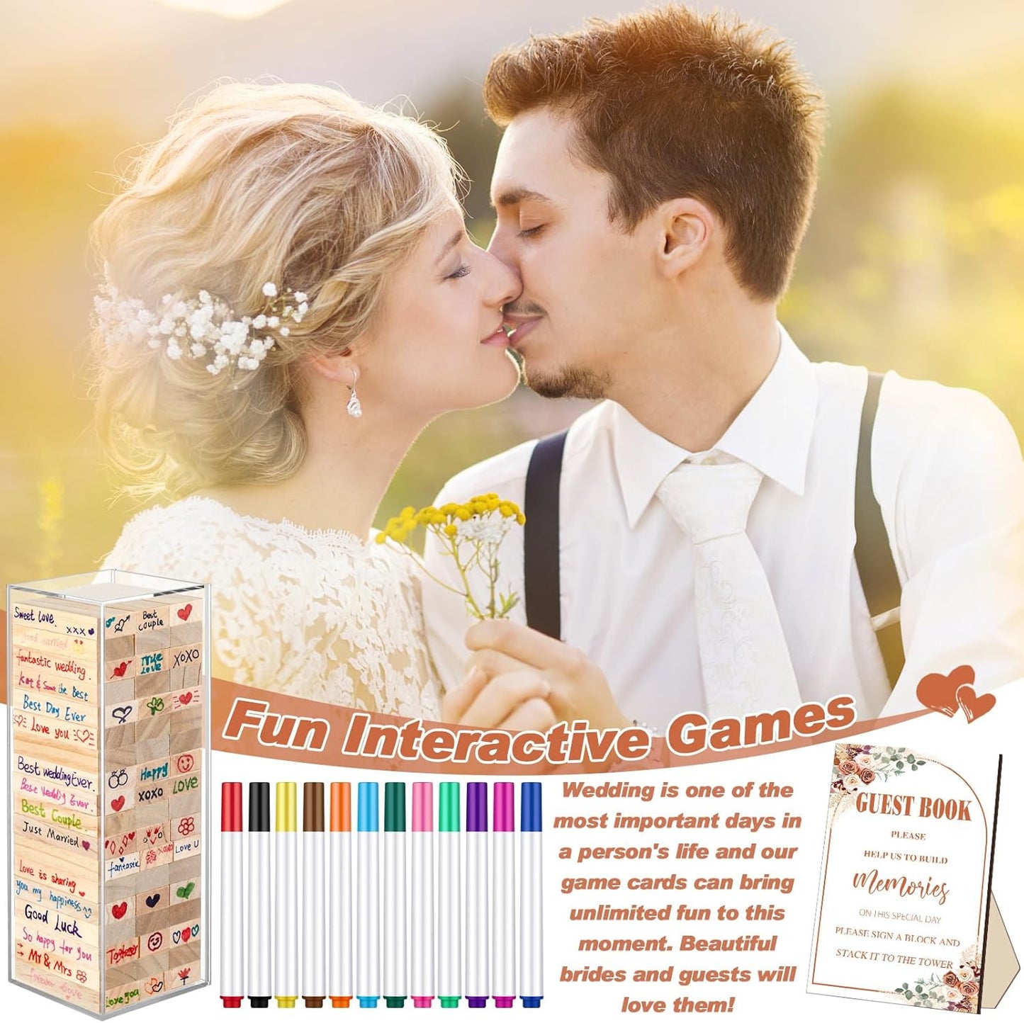 80 Pcs Wedding Guest Book Alternative Wooden Block Guest Book for Wedding Sign in Bridal Shower Decoration Wooden Block Bridal Shower Game for Sign in, Reception(Rustic)